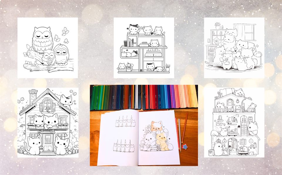 Sample coloring pages from Kawaii Animals: owls, kittens on shelves and a kitten house